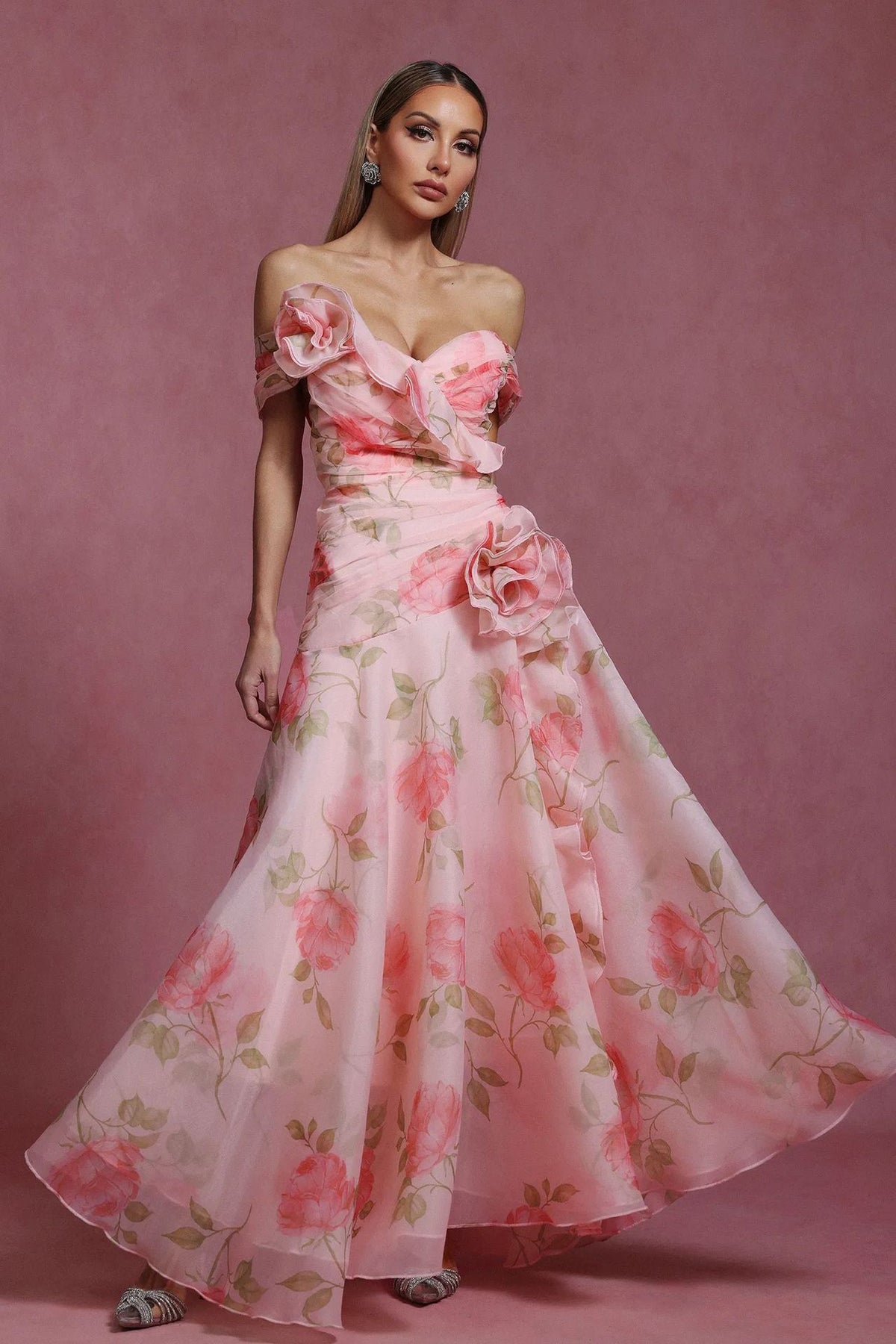 Retro Floral Waist-Cinching Casual Printed Off-Shoulder Dress