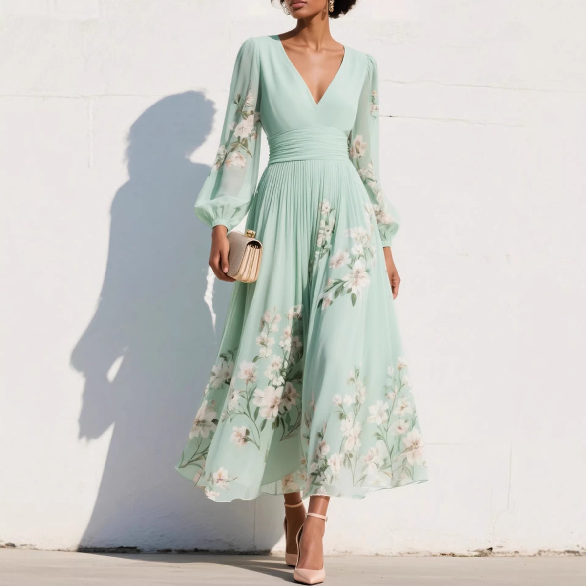 Womens Spring Chiffon Long-Sleeve Pleated Dress