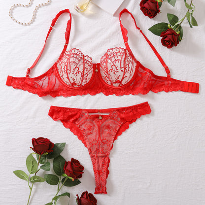 Gathered Steel Ring Bra Set French Mesh See-through Sexy Underwear Two-piece