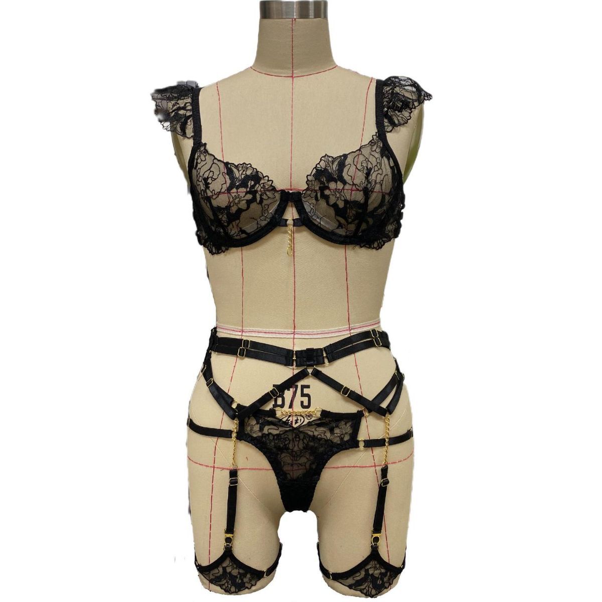 European And American High Quality Complex Craft Metal Chain Underwear Four-piece Set