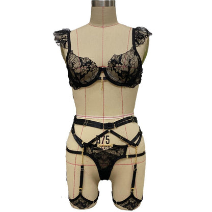 European And American High Quality Complex Craft Metal Chain Underwear Four-piece Set