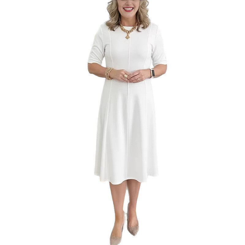 Womens Solid-Color Crew-Neck Short-Sleeve Dress