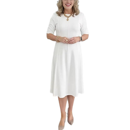 Womens Solid-Color Crew-Neck Short-Sleeve Dress
