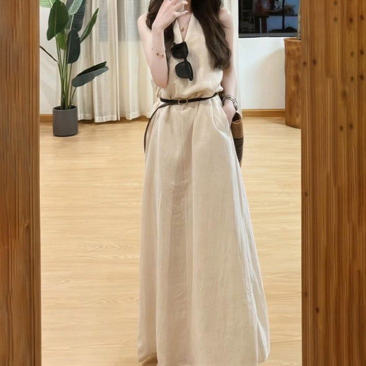 French-style V-neck Halter Sleeveless Tank Dress