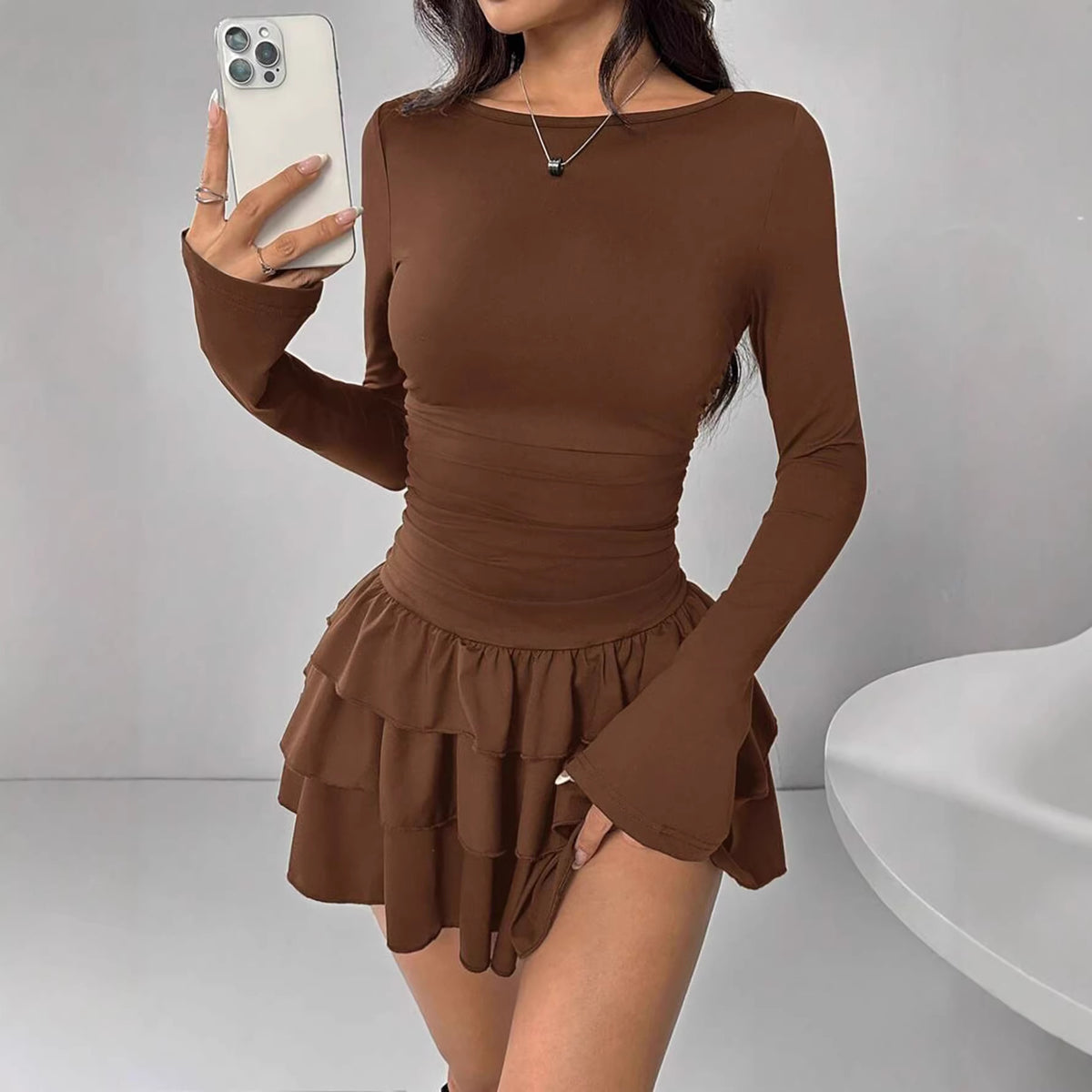 Round-neck Sheath Dress With Pleats And Long Sleeves
