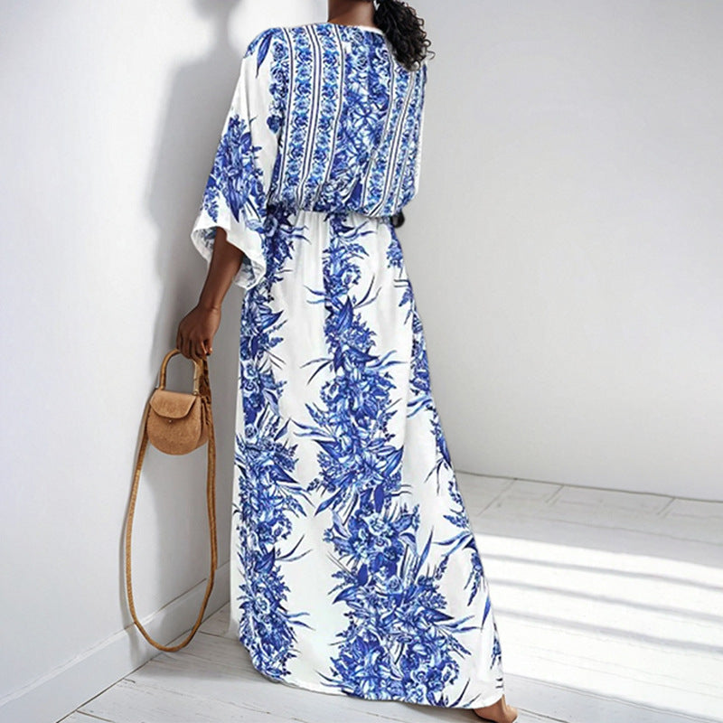Deep V Bat Sleeve Waist Cinching Printed Slim Fit Dress