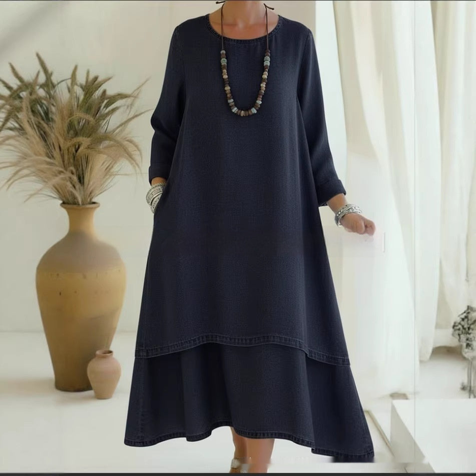 Elegant Double-layered Hemline Faux Denim Maxi Skirt