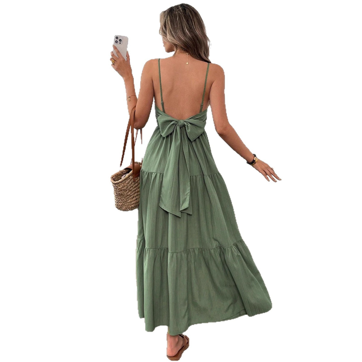 Backless Spaghetti-strap Tiered Maxi Dress With A Tie And A Large Bow At The Waist
