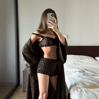 Pleated Satin Casual And Comfortable Suspender Underwear Shorts Cardigan Pajamas Home Wear Three-piece Set