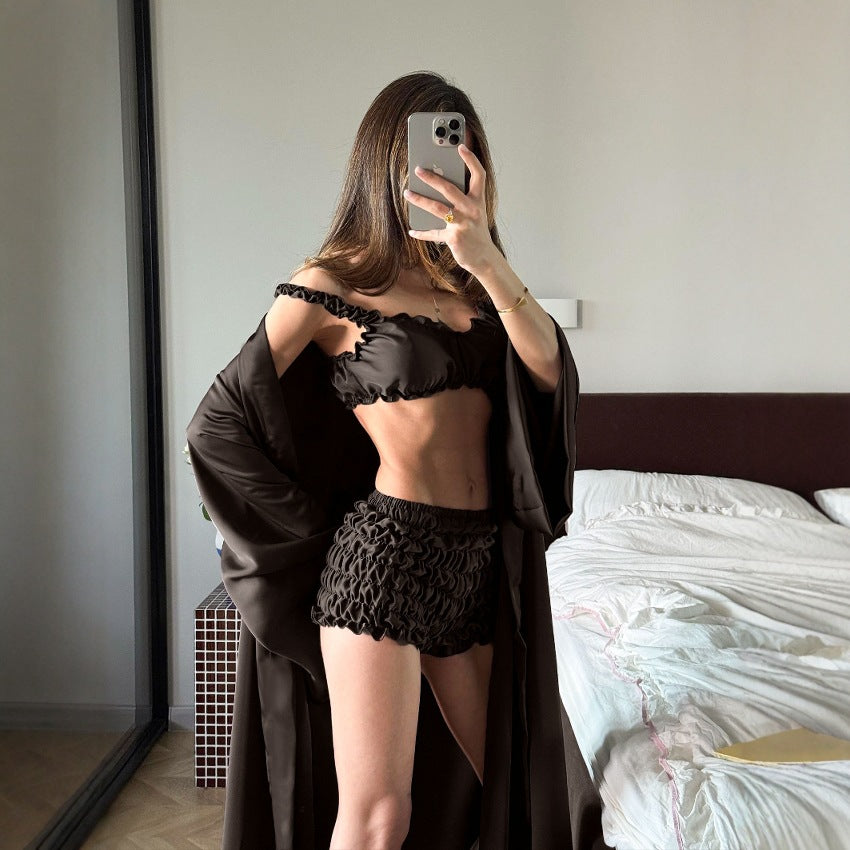 Pleated Satin Casual And Comfortable Suspender Underwear Shorts Cardigan Pajamas Home Wear Three-piece Set