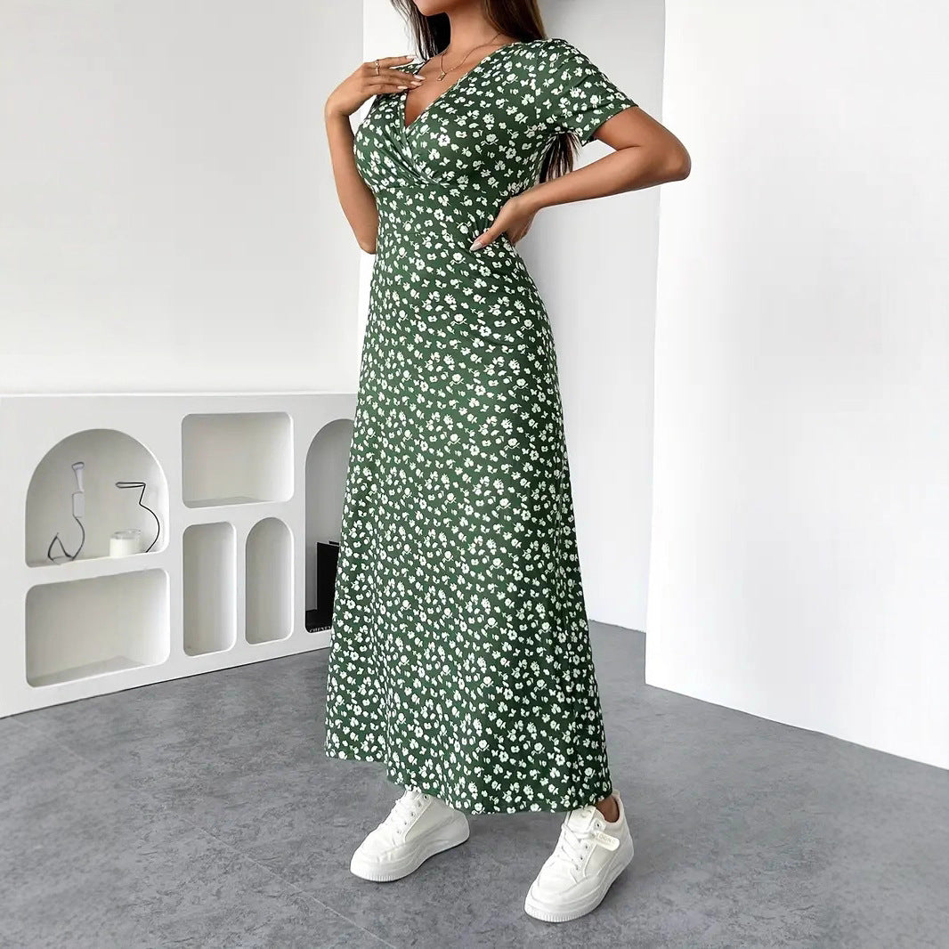 Womens Short-Sleeve Mid-Length Floral V-Neck Dress