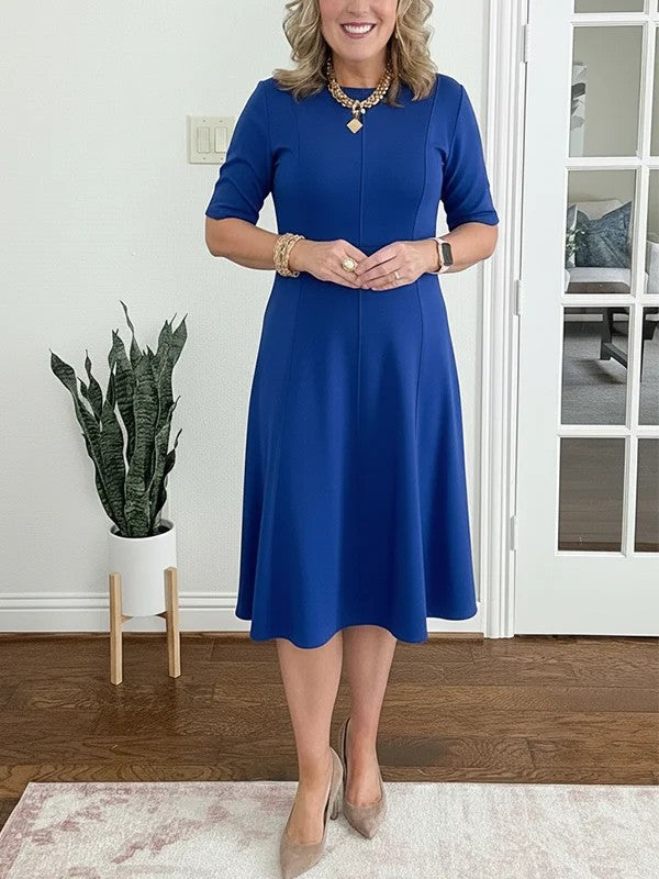 Womens Solid-Color Crew-Neck Short-Sleeve Dress