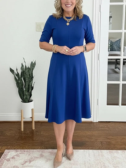 Womens Solid-Color Crew-Neck Short-Sleeve Dress