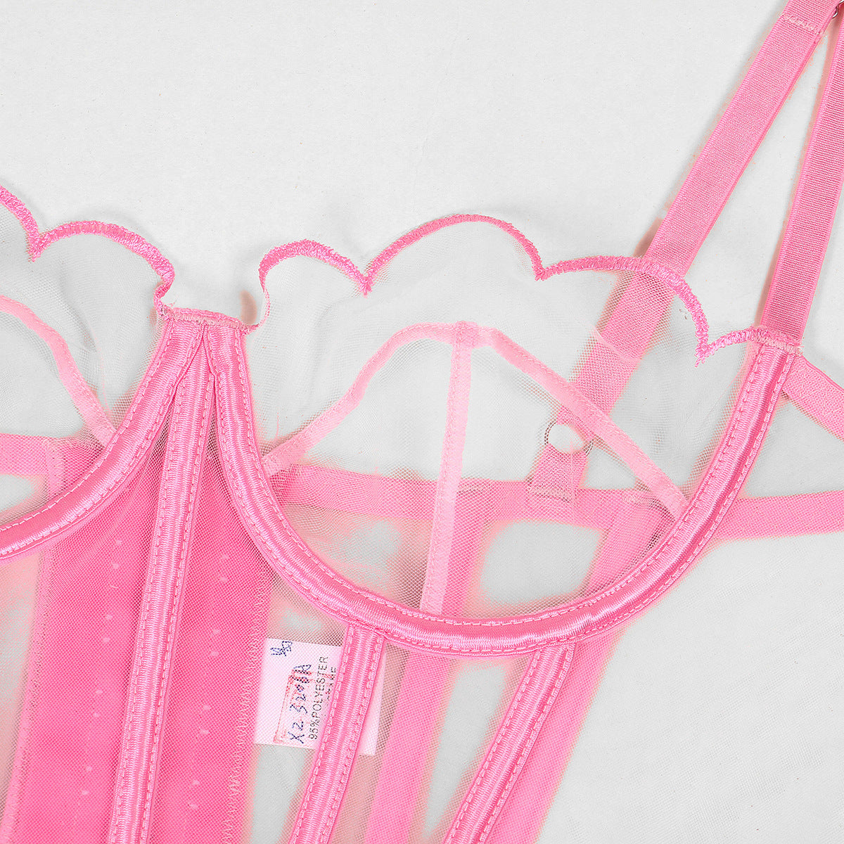 Shaping Sling Wave Mesh Edge Joint Fishbone See-through Sexy Underwear Two-piece