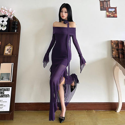 Off The Shoulder Mesh Long Sleeve Dress Figure Hugging And Hip Hugging Maxi Length