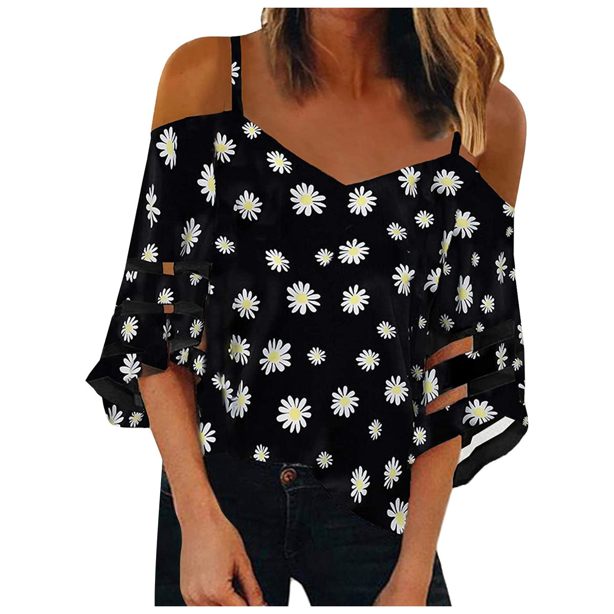 Flared Sleeve V-neck Printed Off Shoulder Sling Top