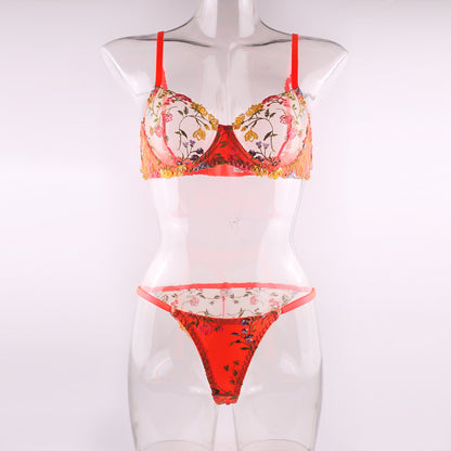 Flowers See-through Embroidered Ribbon Steel Ring Underwear Suit