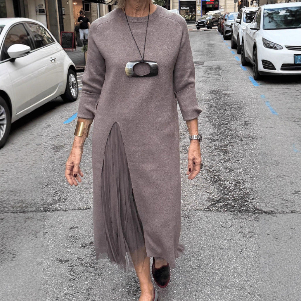 Womens Casual Knitted V-Neck Split-Joint Mesh Dress