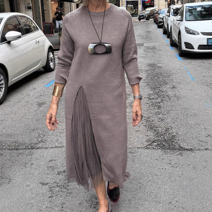 Womens Casual Knitted V-Neck Split-Joint Mesh Dress