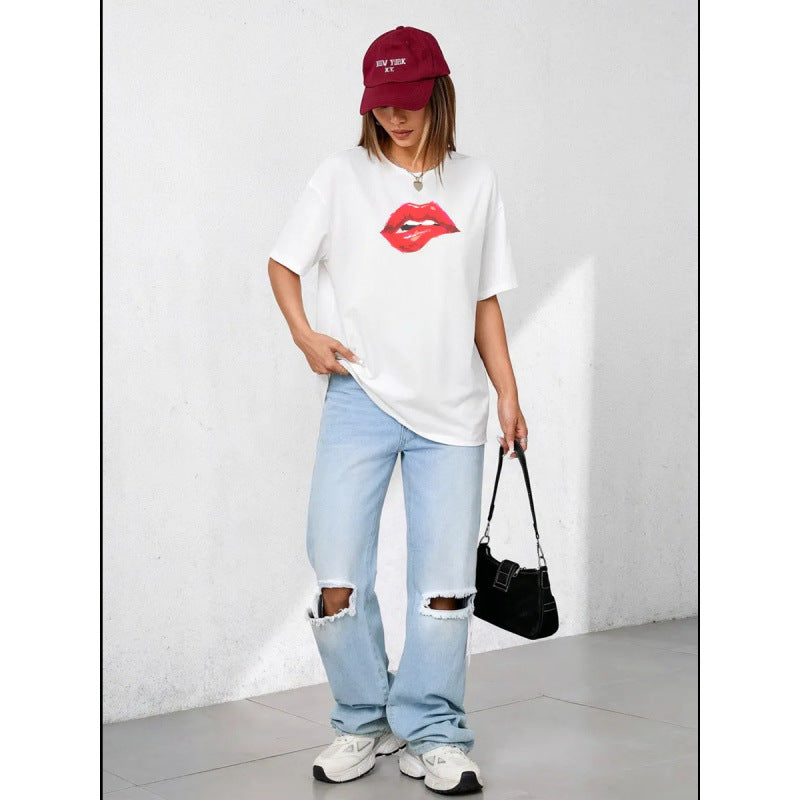 American-style Pure Cotton Short-sleeve Top With A Red Lip Print