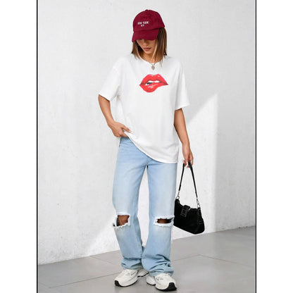 American-style Pure Cotton Short-sleeve Top With A Red Lip Print