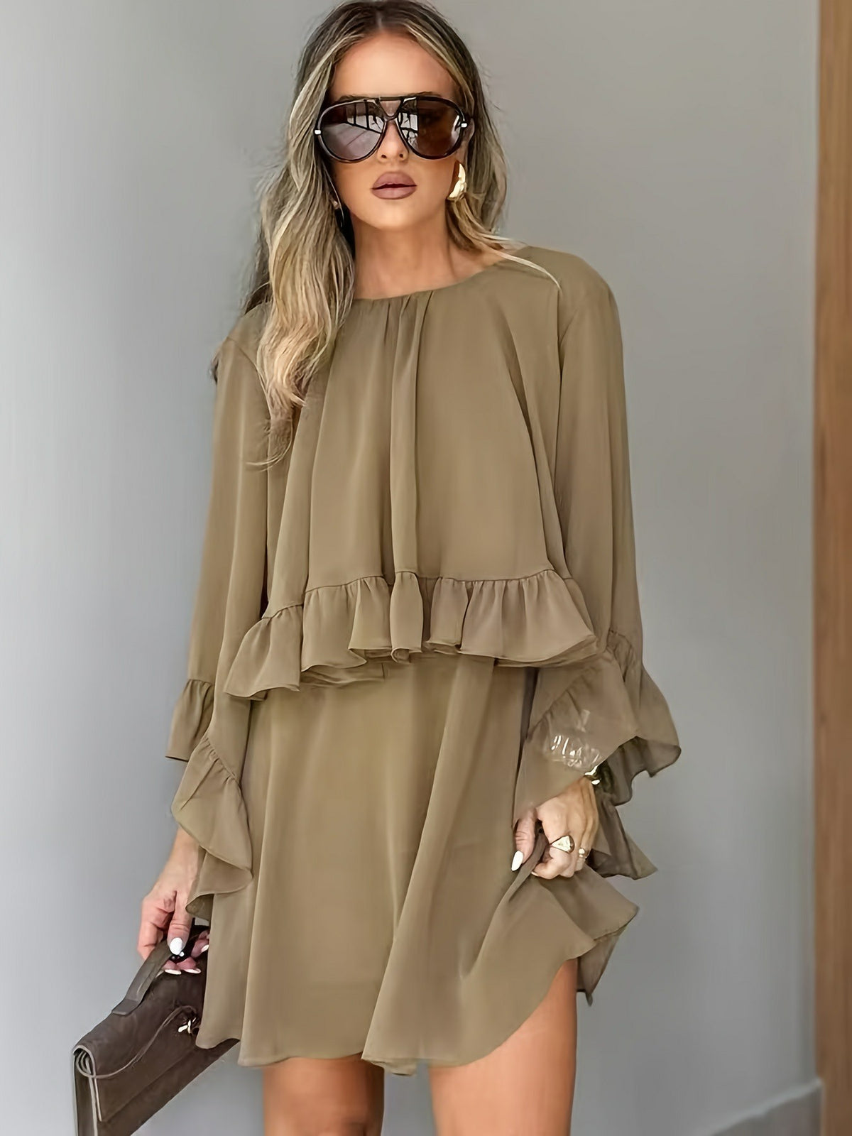 Loose-fit Ruffled-hem Round-neck Long-sleeve Chiffon A-line Dress