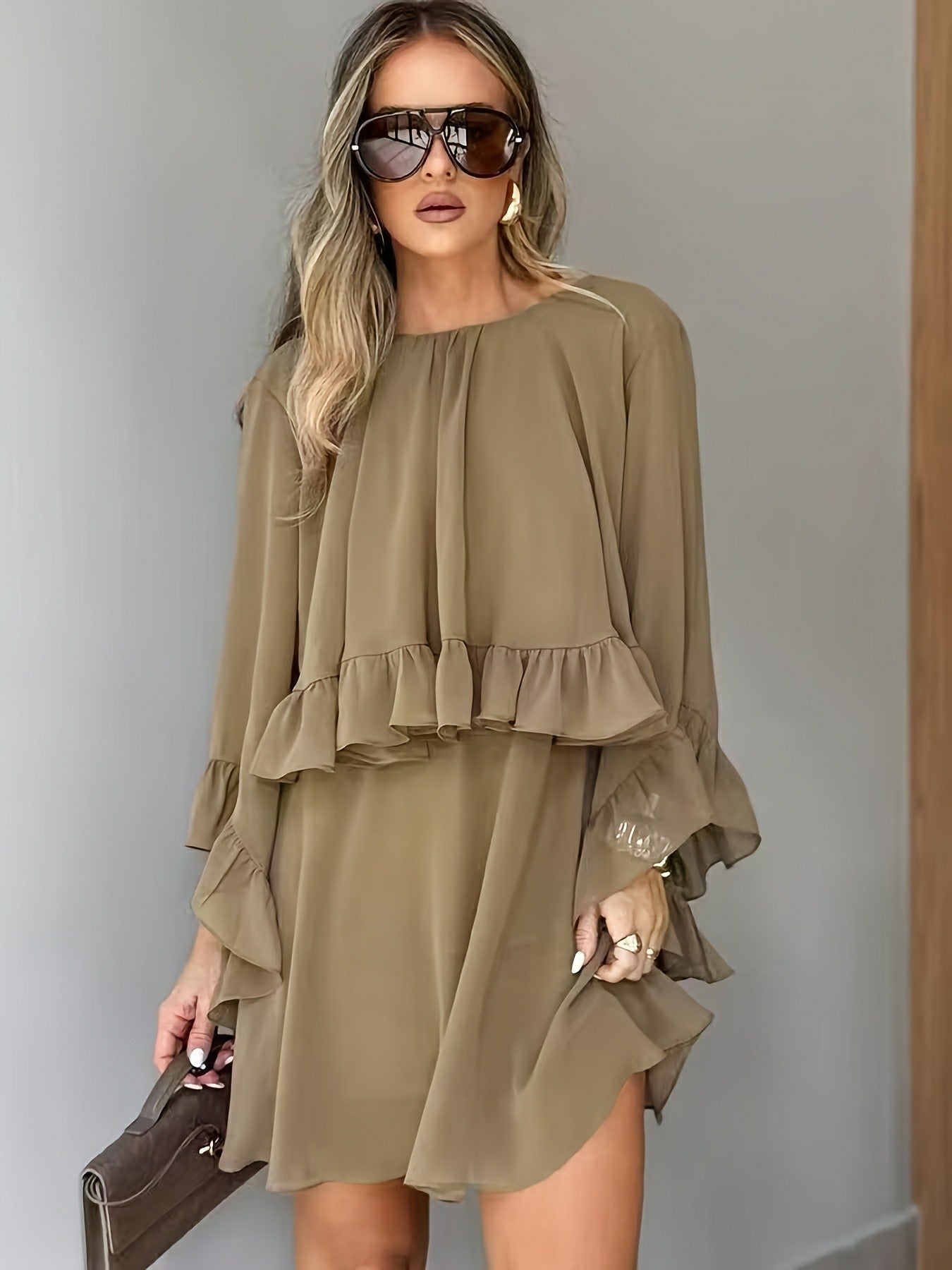 Loose-fit Ruffled-hem Round-neck Long-sleeve Chiffon A-line Dress