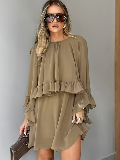 Loose-fit Ruffled-hem Round-neck Long-sleeve Chiffon A-line Dress