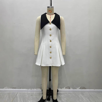 Womens Notched-Neck Metal-Button Sleeveless Elegant Waist-Cinching Dress