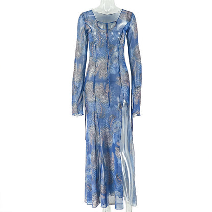 Elegant Long Sleeve V Neck Split Dress