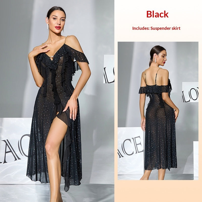 Multi-color Mesh Sequin Off-the-shoulder V-neck Split Dress