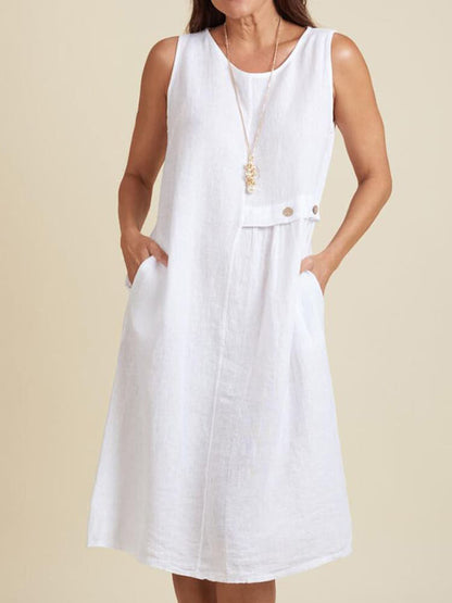 Womens Cotton-Linen Sleeveless Crew-Neck Dress With Buttoned Pockets, Western Style