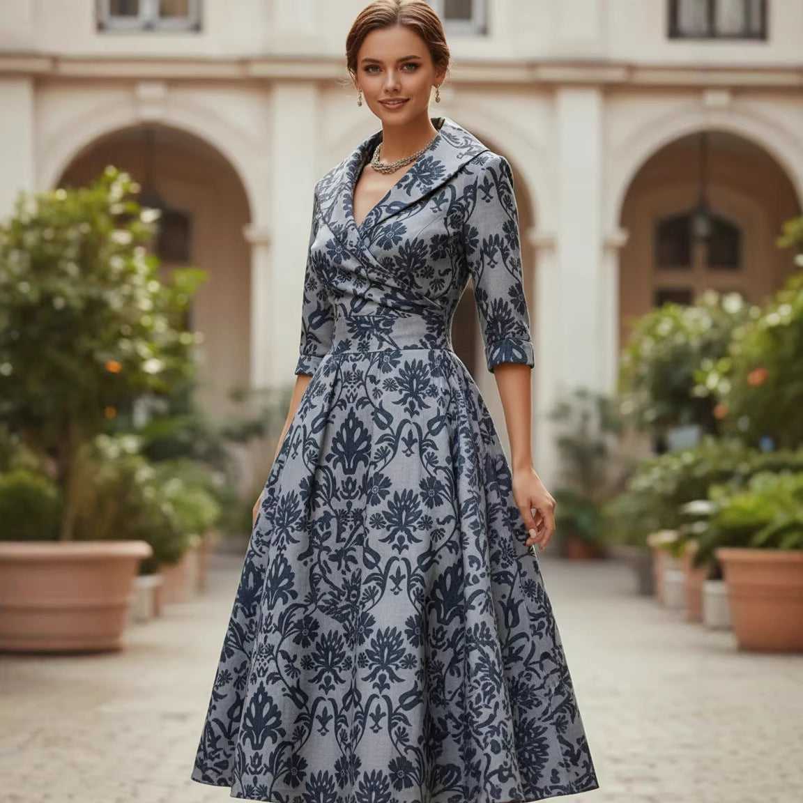 Three-quarter-sleeve Womens Maxi Dress