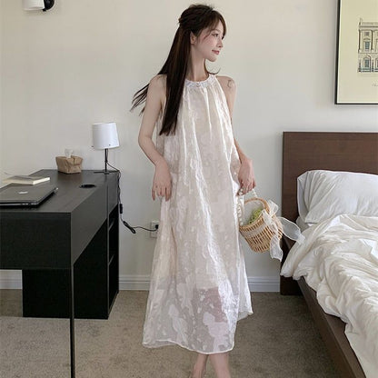 Sleeveless Halterneck Dress With Chiffon Lace Crochet And Off The Shoulder Design