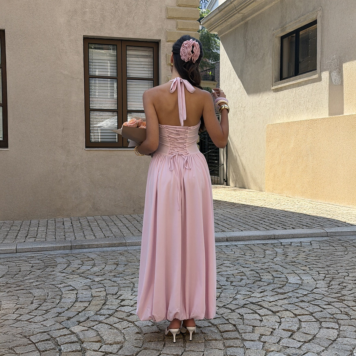 Asymmetrical Neck-hanging Waist-cinching Dress