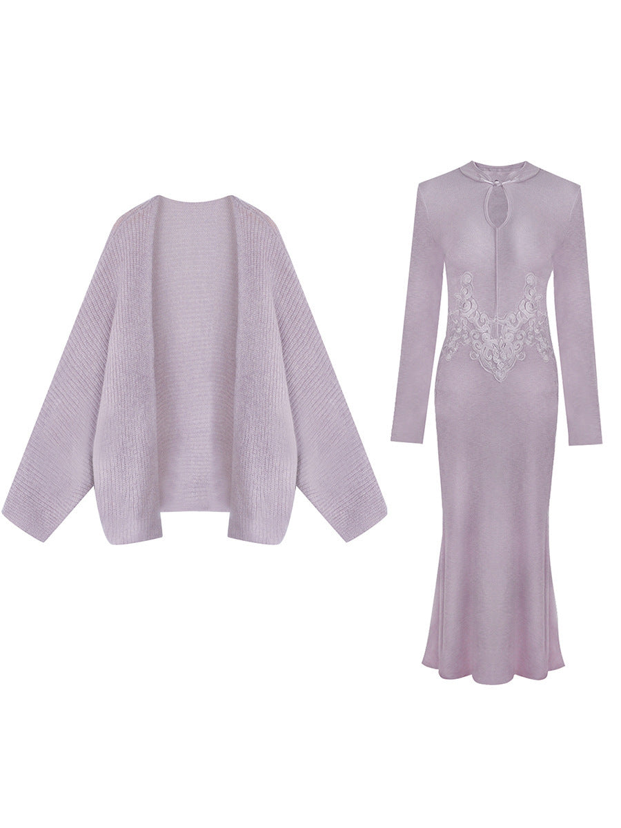 New Chinese-style Retro Plate-pattern Cheongsam Slim-fit Dress Paired Cardigan