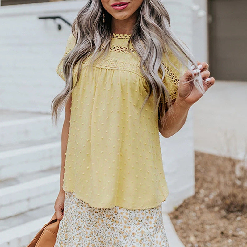 Woven Pompom Short-sleeved Casual Shirt