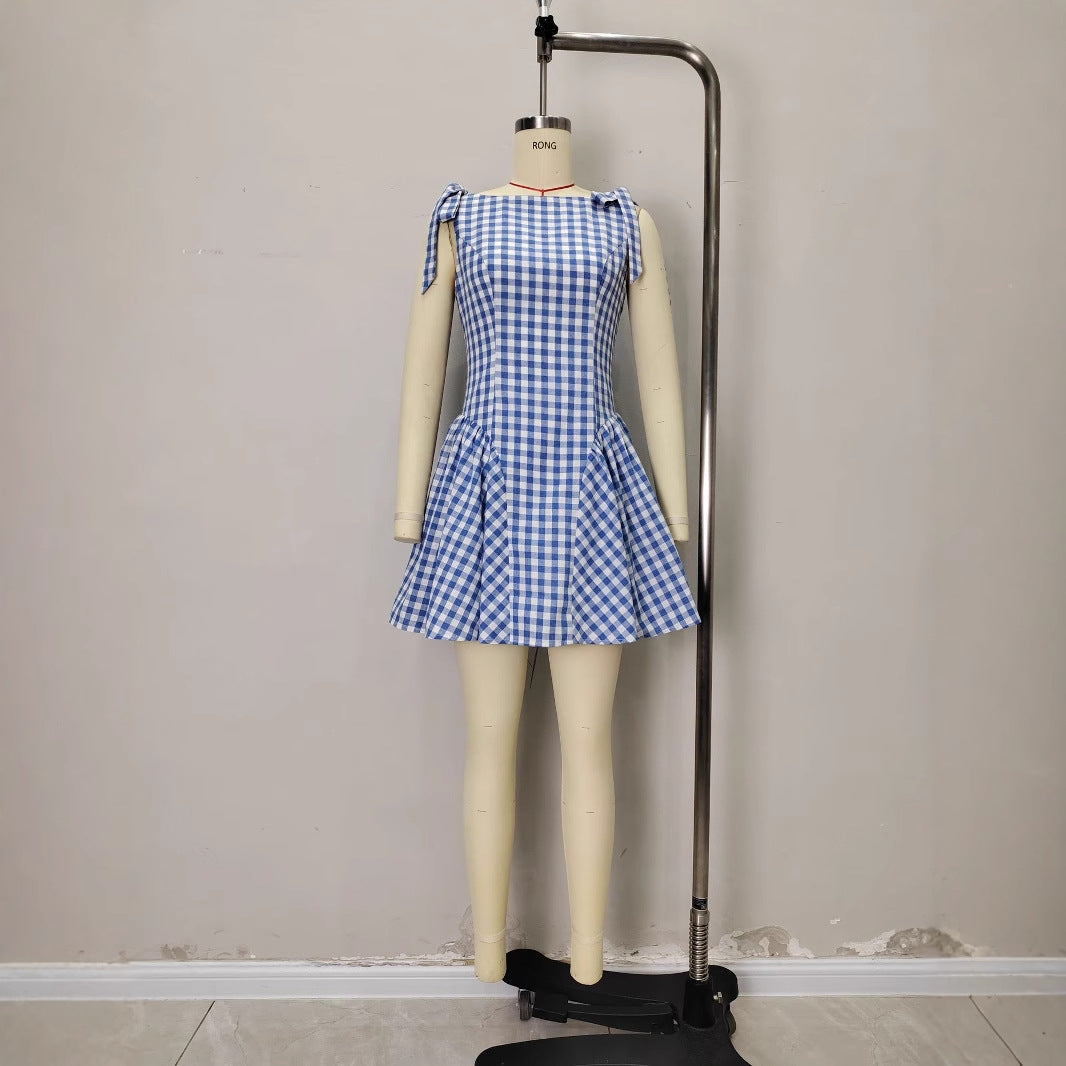 Womens Fashion Plaid Striped Belted Waist Dress