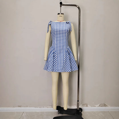 Womens Fashion Plaid Striped Belted Waist Dress