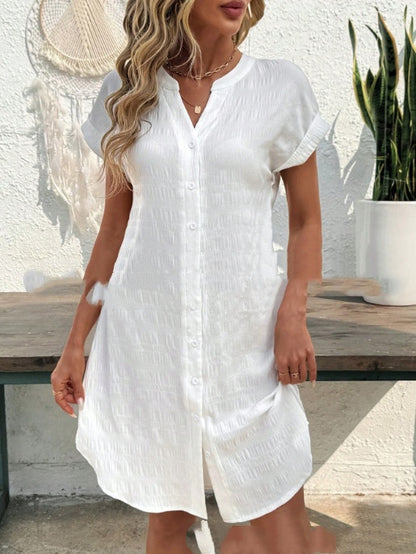 Color Cotton-linen V-neck Button-up Loose Casual Dress