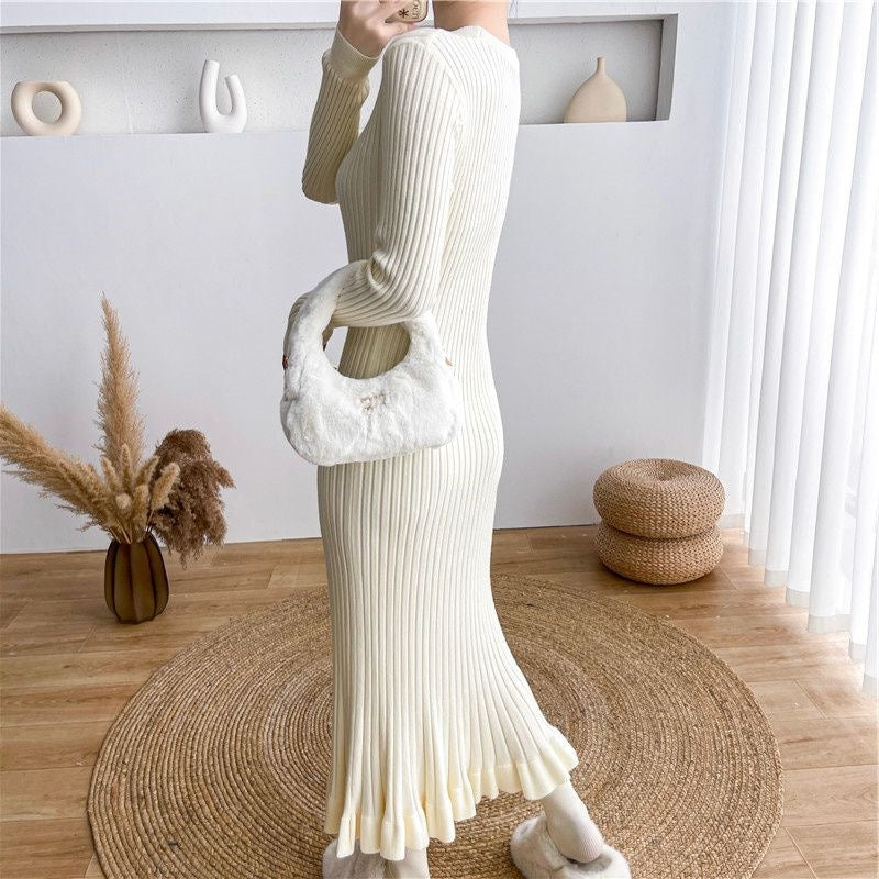Womens Slimming Figure-Hugging Long-Sleeve Knitted Dress