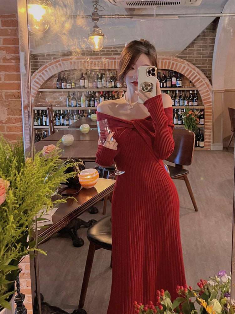 Word Cold-shoulder Elegant High-end Underwear Knitted Dress