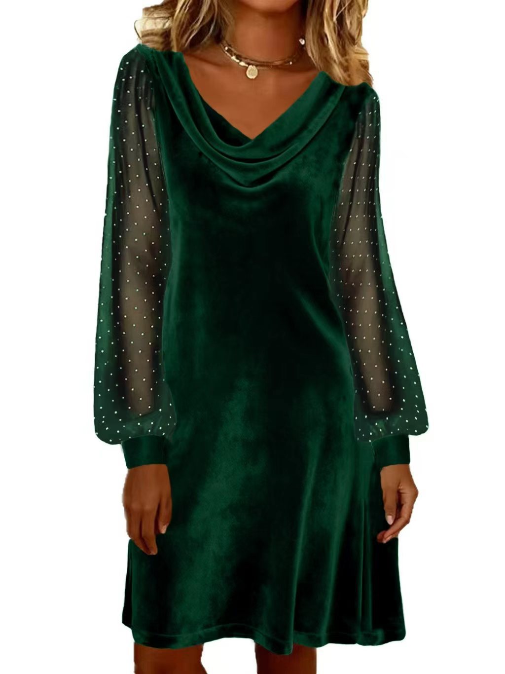 Womens Solid-Color V-Neck Mesh Dress