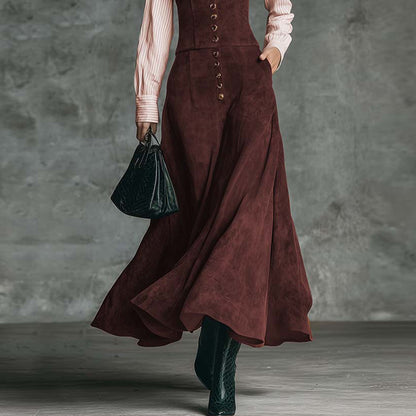 Elegant Shirt Paired With A Patchwork Flared A-line Skirt