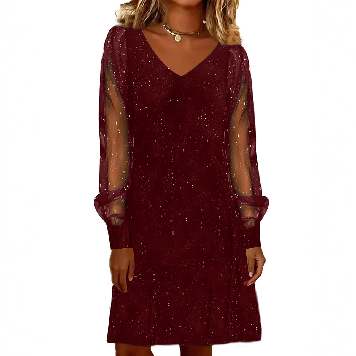 Womens V-neck Mesh Sleeve Sparkly Party Dress