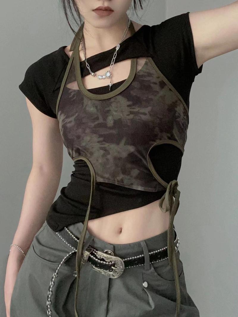 Retro Hot Girl Printed Top Summer Design Sense Niche Chic Short Sleeve Strappy