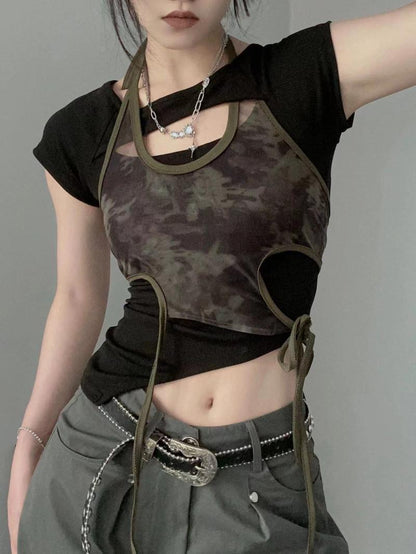 Retro Hot Girl Printed Top Summer Design Sense Niche Chic Short Sleeve Strappy