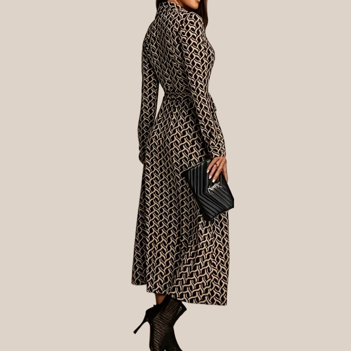 European And American-style Long-sleeve Waist-cinched Printed Dress