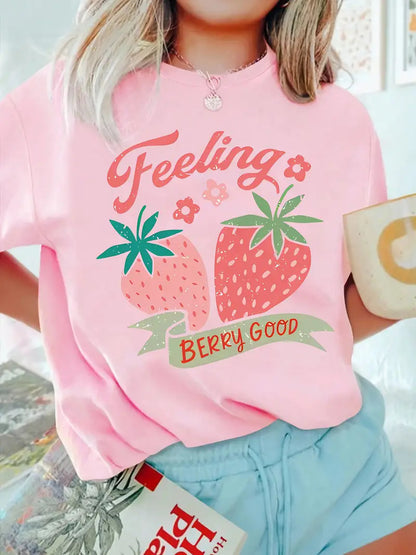 Women's Short-sleeved European And American Fruit Strawberry Round Neck Top