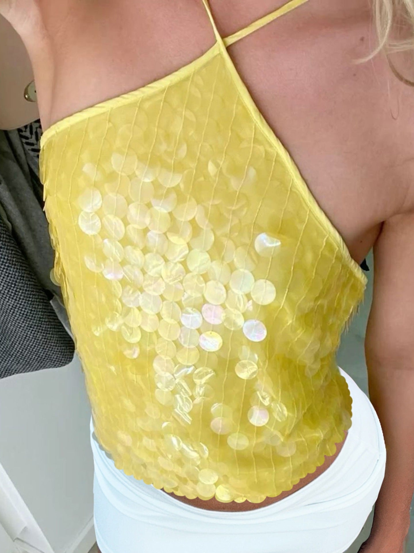 Women's Vibrant Yellow Sequin Halter Neck Camisole Top